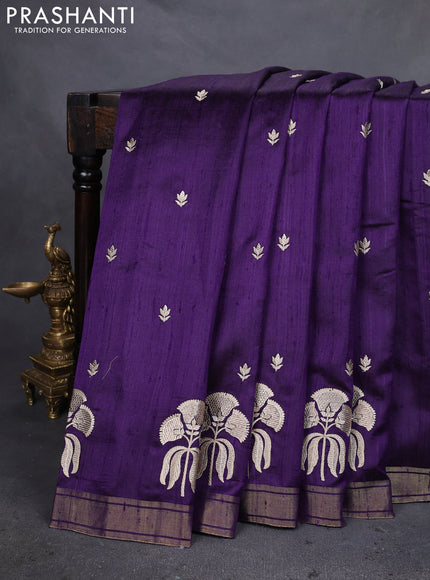 Pure raw silk saree violet and purple with embroidery buttas and embroidery butta zari border