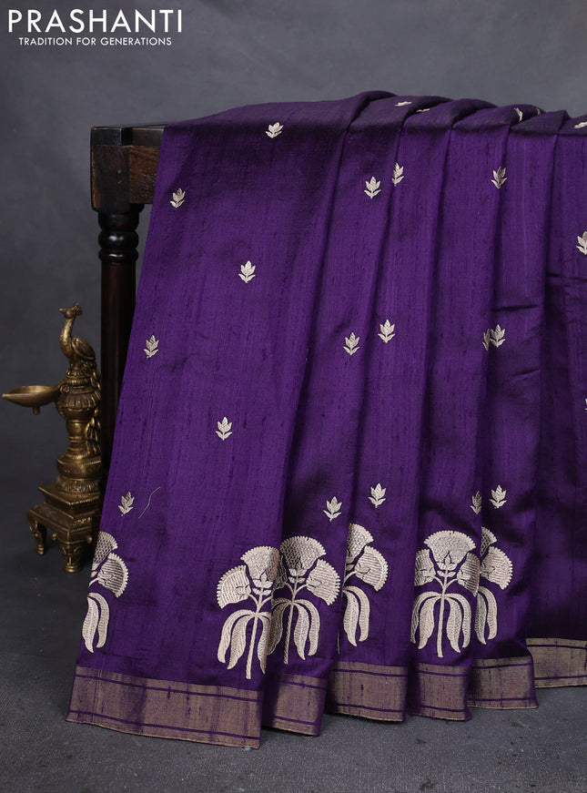 Pure raw silk saree violet and purple with embroidery buttas and embroidery butta zari border