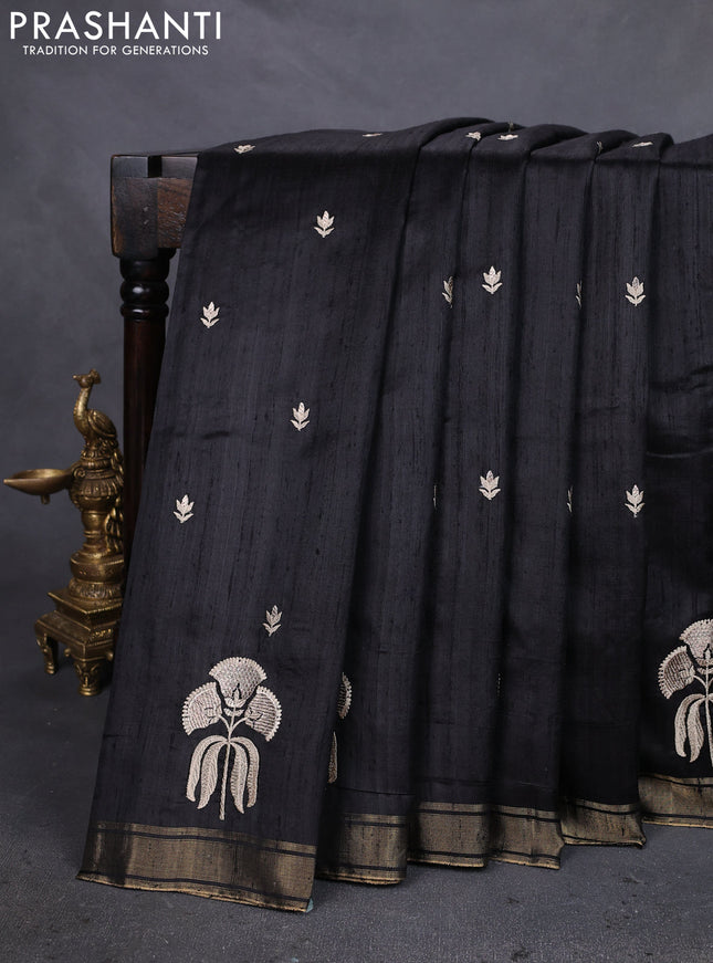 Pure raw silk saree black and red with embroidery buttas and embroidery butta zari border