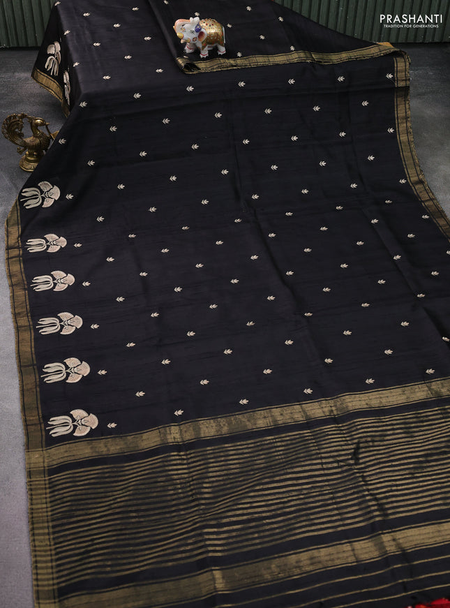 Pure raw silk saree black and red with embroidery buttas and embroidery butta zari border