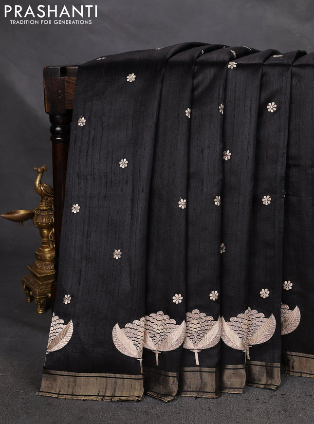 Pure raw silk saree black and maroon with embroidery buttas and embroidery butta zari border