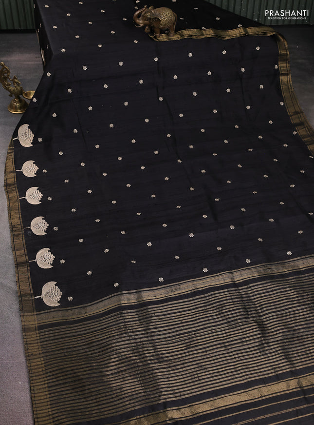 Pure raw silk saree black and maroon with embroidery buttas and embroidery butta zari border