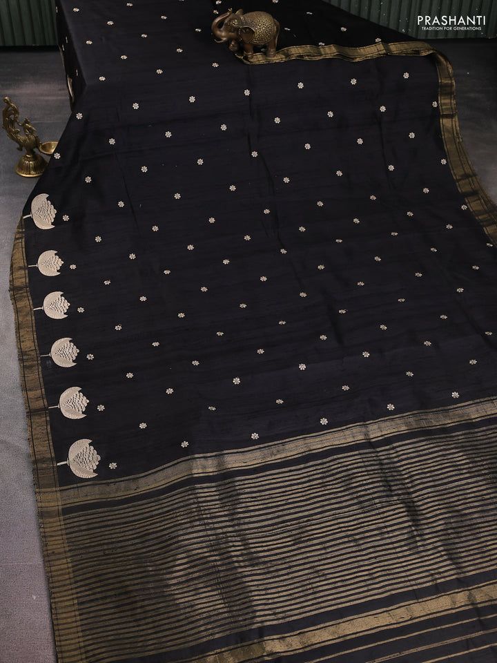 Pure raw silk saree black and maroon with embroidery buttas and embroidery butta zari border