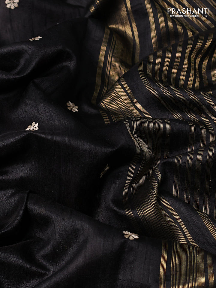 Pure raw silk saree black and maroon with embroidery buttas and embroidery butta zari border