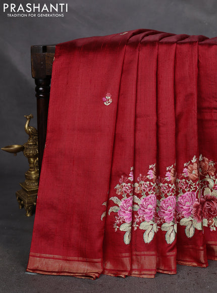 Pure raw silk saree red and cream with embroidery buttas and floral embroidery butta zari border