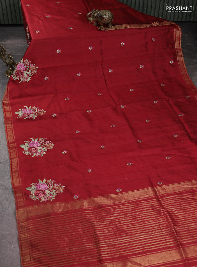 Pure raw silk saree red and cream with embroidery buttas and floral embroidery butta zari border