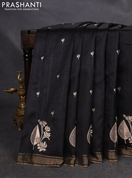 Pure raw silk saree black and red with allover embroidery buttas and embroidery butta zari border