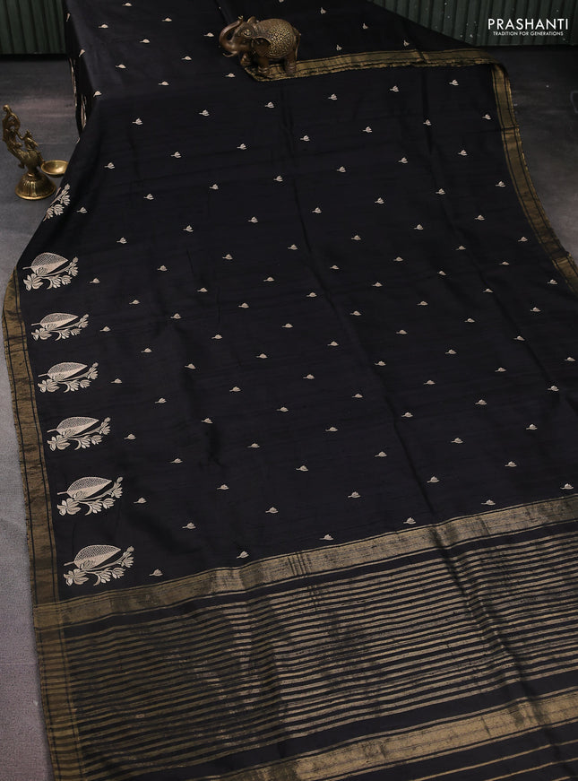 Pure raw silk saree black and red with allover embroidery buttas and embroidery butta zari border
