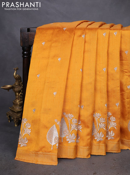 Pure raw silk saree mustard yellow and red with allover embroidery buttas and embroidery butta zari border