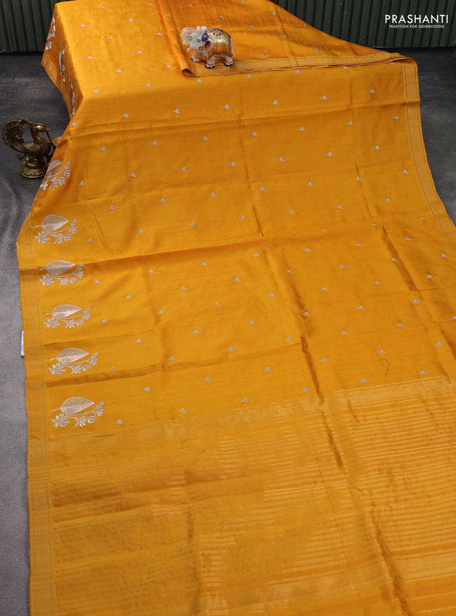 Pure raw silk saree mustard yellow and red with allover embroidery buttas and embroidery butta zari border
