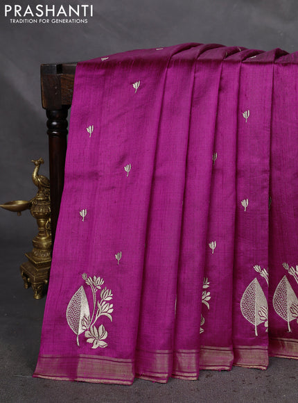 Pure raw silk saree purple with allover embroidery buttas and embroidery butta zari border