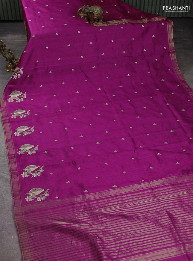 Pure raw silk saree purple with allover embroidery buttas and embroidery butta zari border