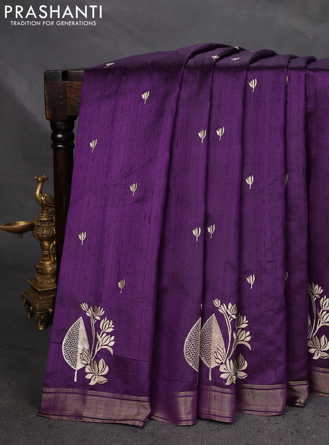 Pure raw silk saree violet and pink with allover embroidery buttas and embroidery butta zari border