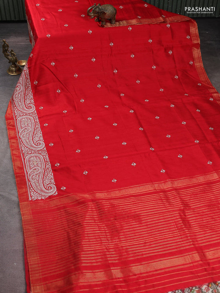 Pure raw silk saree red with embroidery buttas and paisley embroidery border