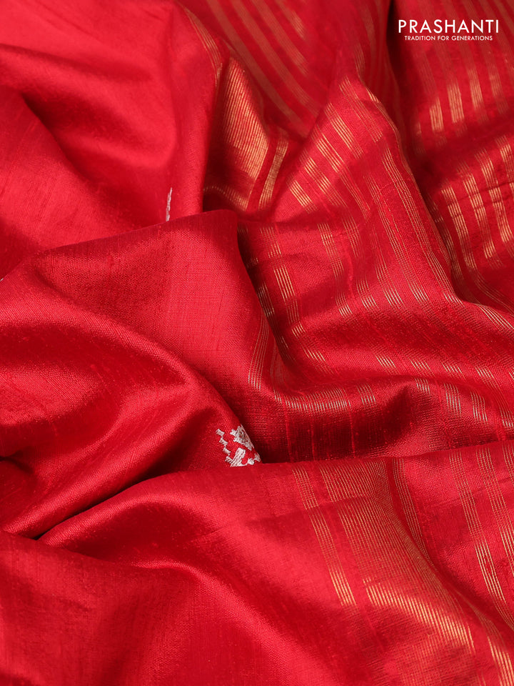 Pure raw silk saree red with embroidery buttas and paisley embroidery border