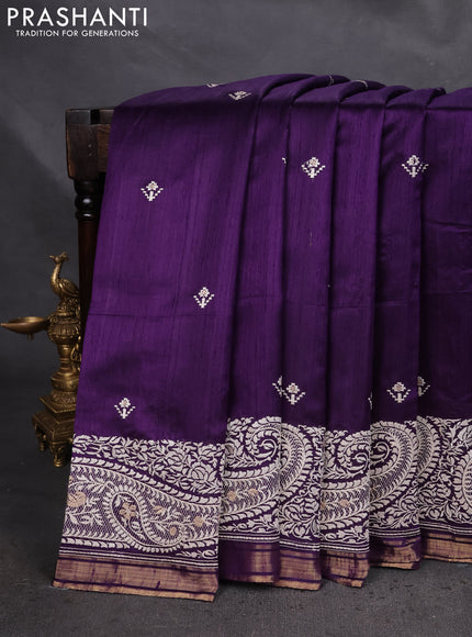 Pure raw silk saree violet with embroidery buttas and paisley embroidery border