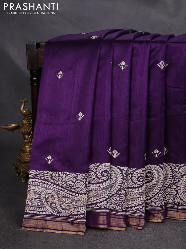 Pure raw silk saree violet with embroidery buttas and paisley embroidery border