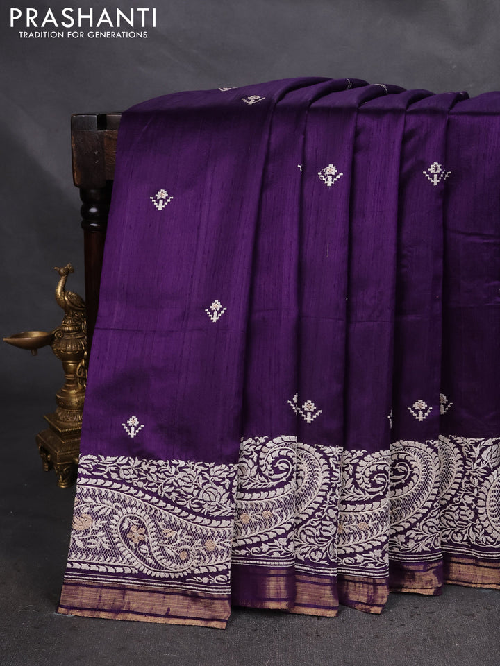 Pure raw silk saree violet with embroidery buttas and paisley embroidery border
