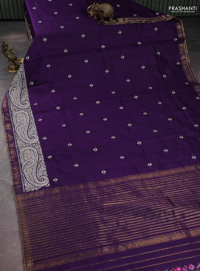 Pure raw silk saree violet with embroidery buttas and paisley embroidery border