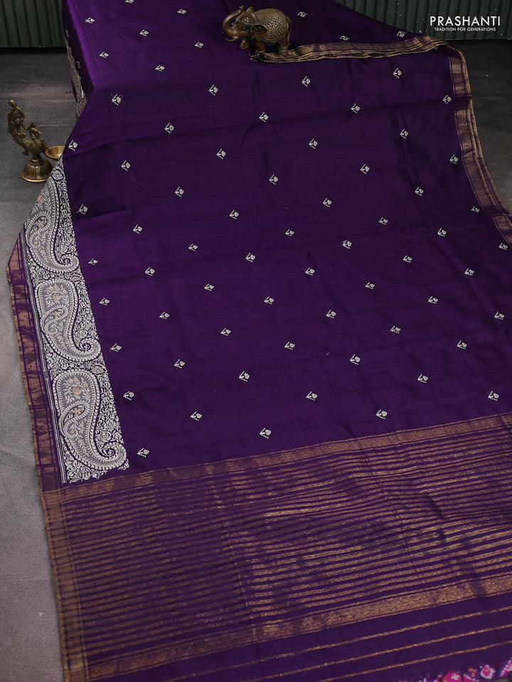 Pure raw silk saree violet with embroidery buttas and paisley embroidery border