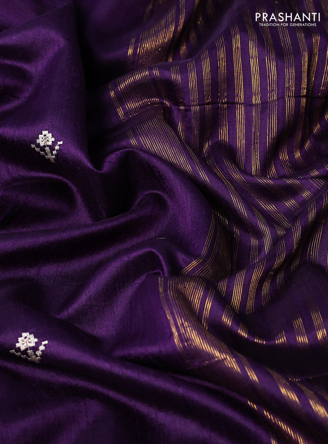 Pure raw silk saree violet with embroidery buttas and paisley embroidery border