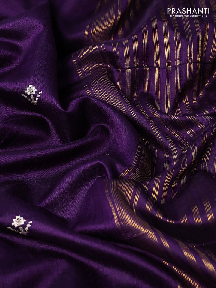 Pure raw silk saree violet with embroidery buttas and paisley embroidery border