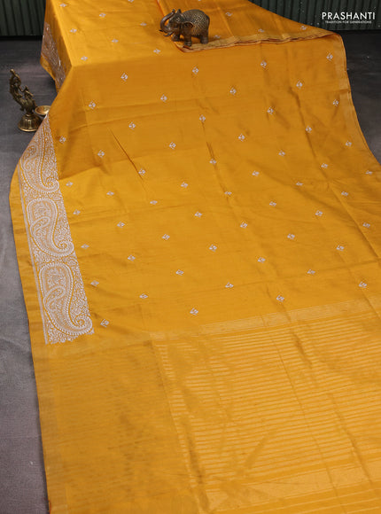 Pure raw silk saree mustard yellow with embroidery buttas and paisley embroidery border
