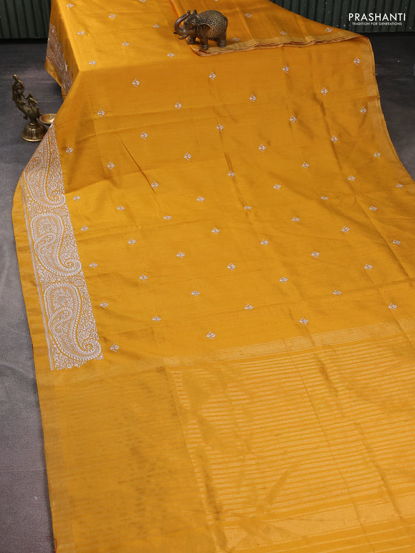 Pure raw silk saree mustard yellow with embroidery buttas and paisley embroidery border