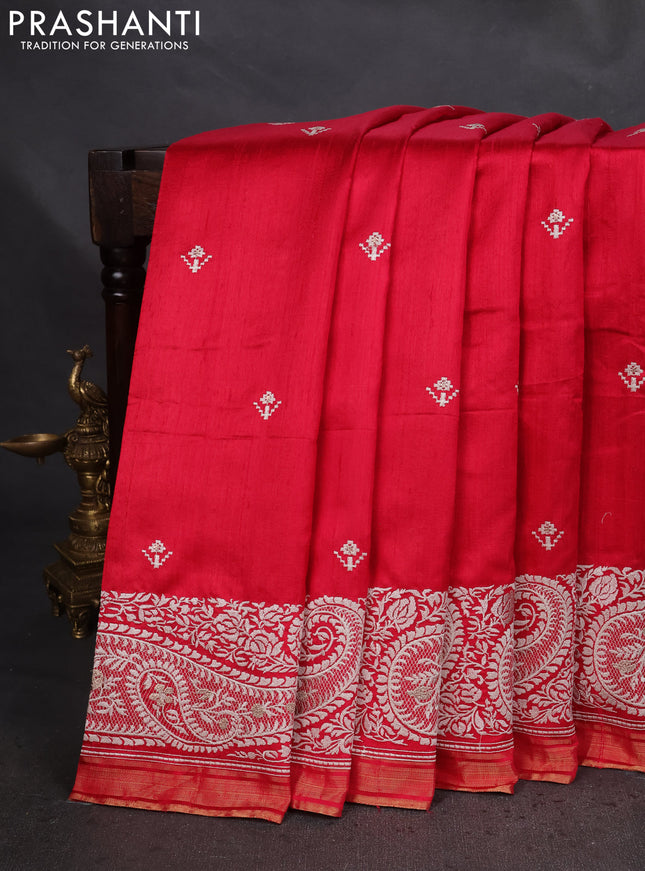 Pure raw silk saree tomato red with embroidery buttas and paisley embroidery border