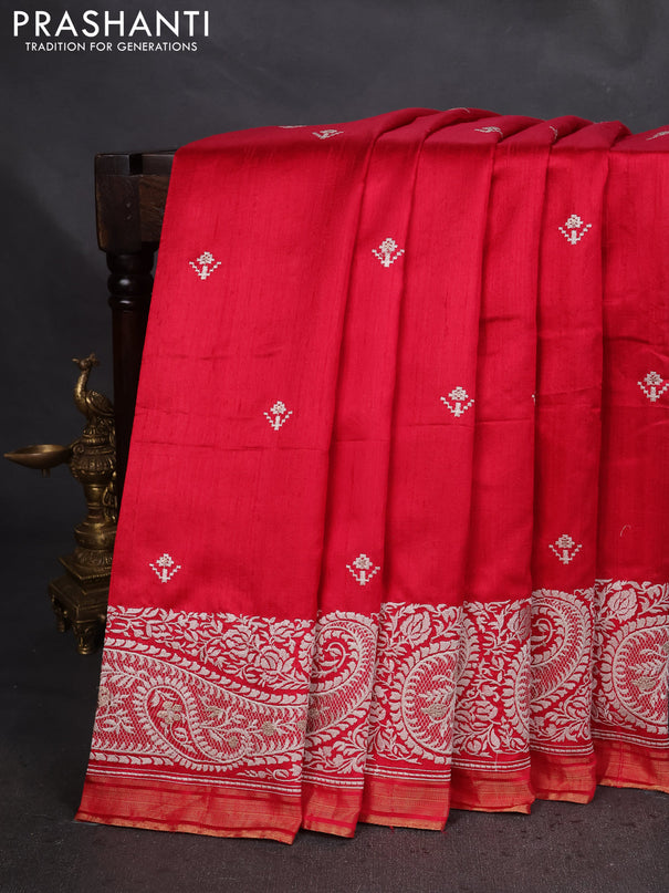 Pure raw silk saree tomato red with embroidery buttas and paisley embroidery border