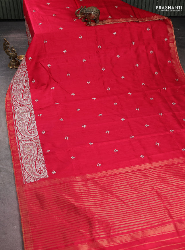 Pure raw silk saree tomato red with embroidery buttas and paisley embroidery border