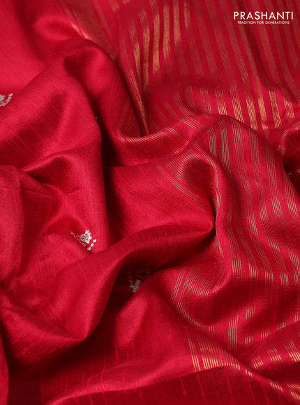 Pure raw silk saree tomato red with embroidery buttas and paisley embroidery border
