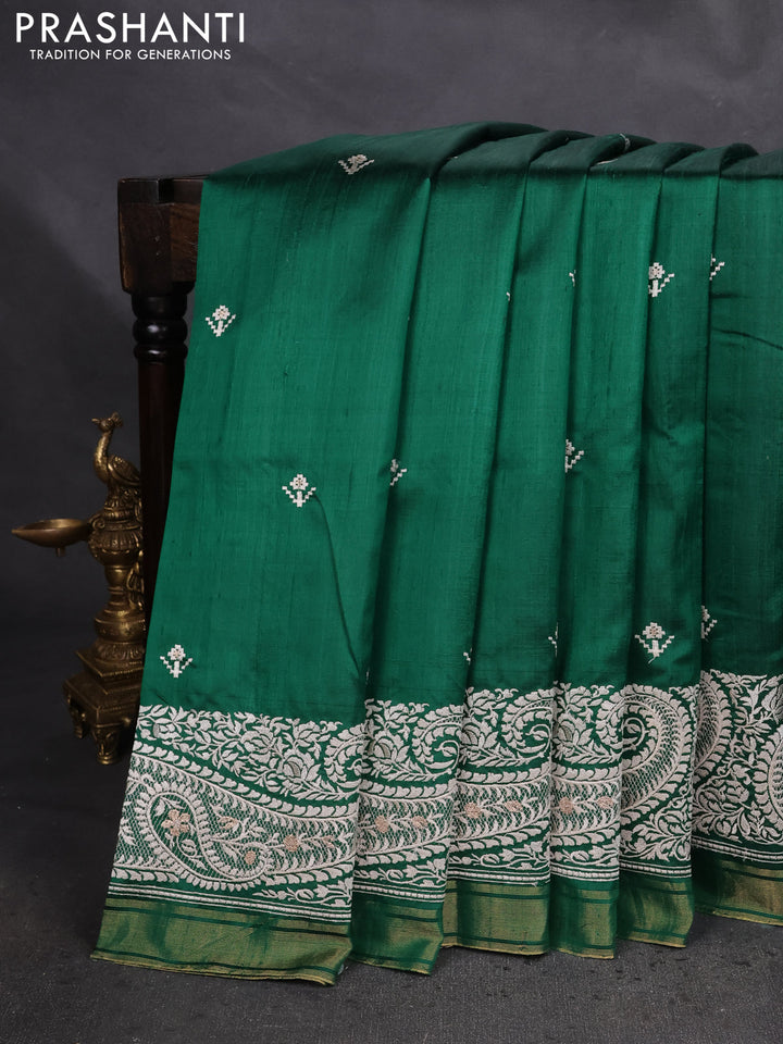 Pure raw silk saree green with embroidery buttas and paisley embroidery border