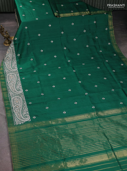 Pure raw silk saree green with embroidery buttas and paisley embroidery border