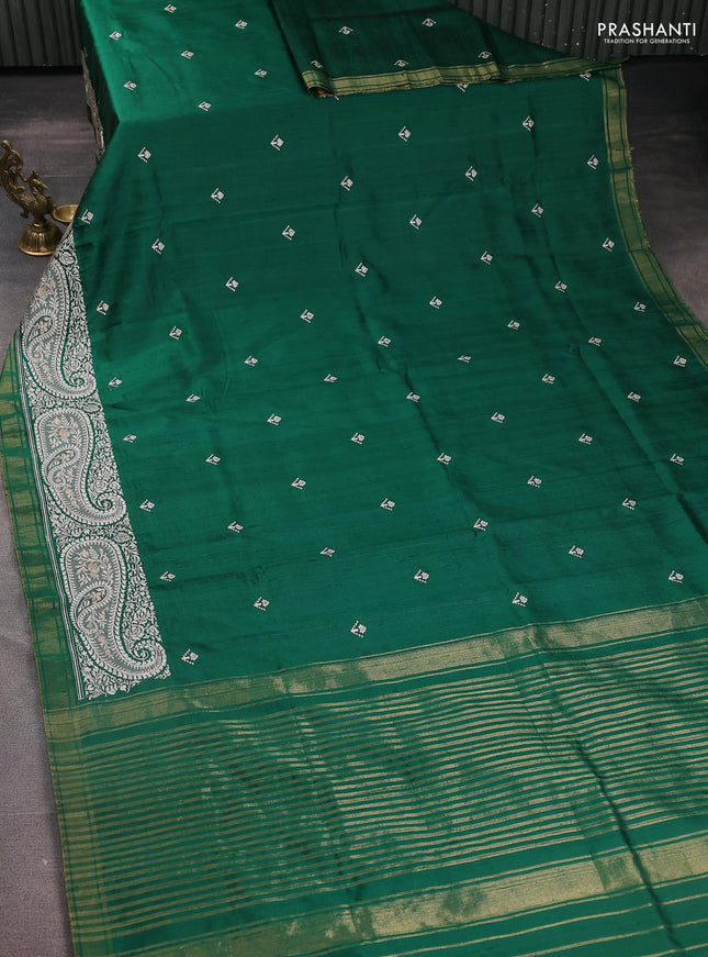 Pure raw silk saree green with embroidery buttas and paisley embroidery border