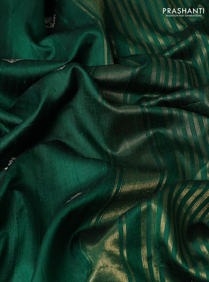 Pure raw silk saree green with embroidery buttas and paisley embroidery border