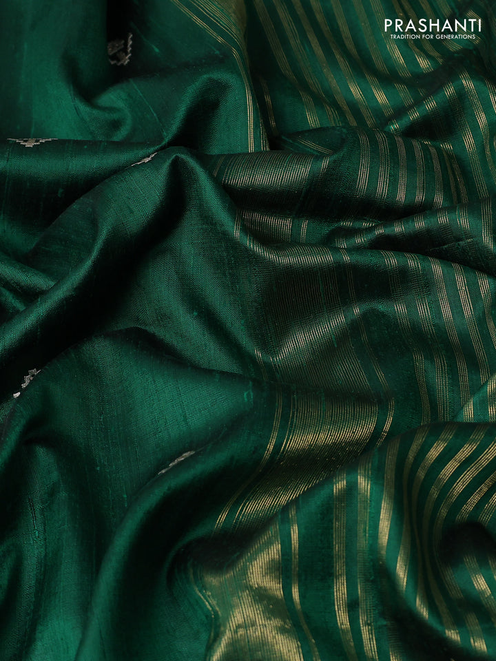 Pure raw silk saree green with embroidery buttas and paisley embroidery border
