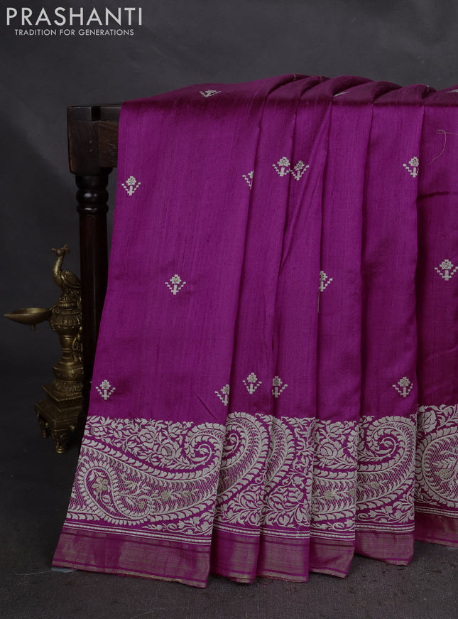 Pure raw silk saree magenta pink with embroidery buttas and paisley embroidery border