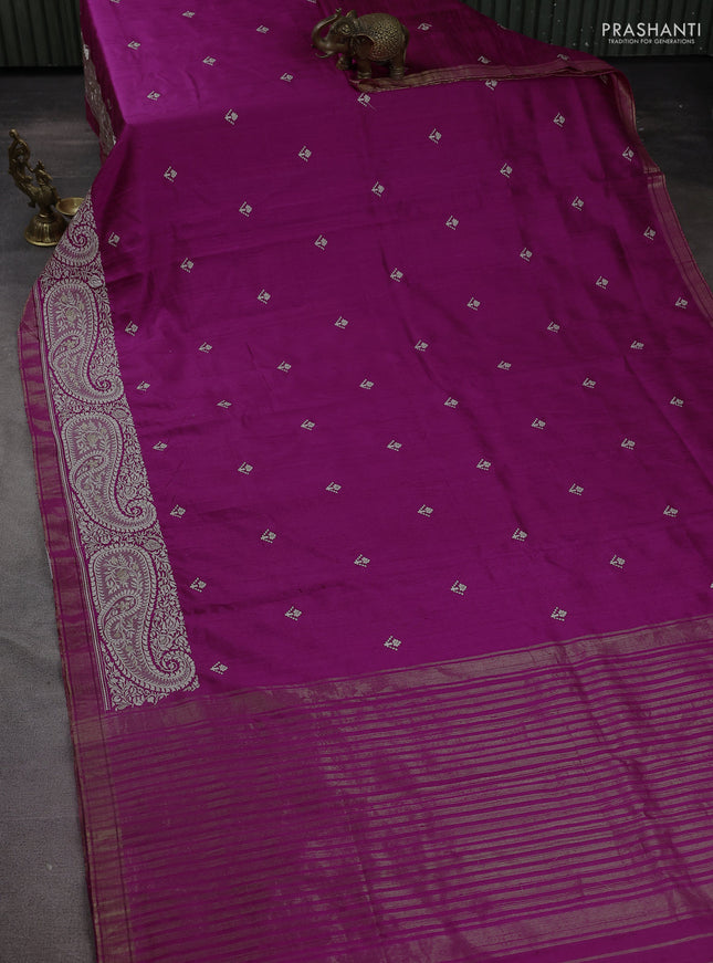 Pure raw silk saree magenta pink with embroidery buttas and paisley embroidery border