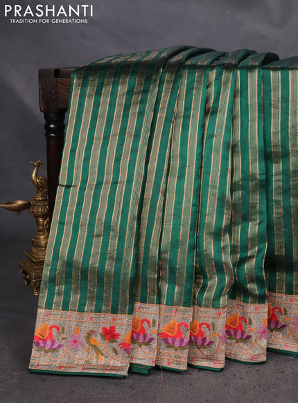 Pure raw silk saree green with allover zari woven stripe pattern and embroidery pallu & border
