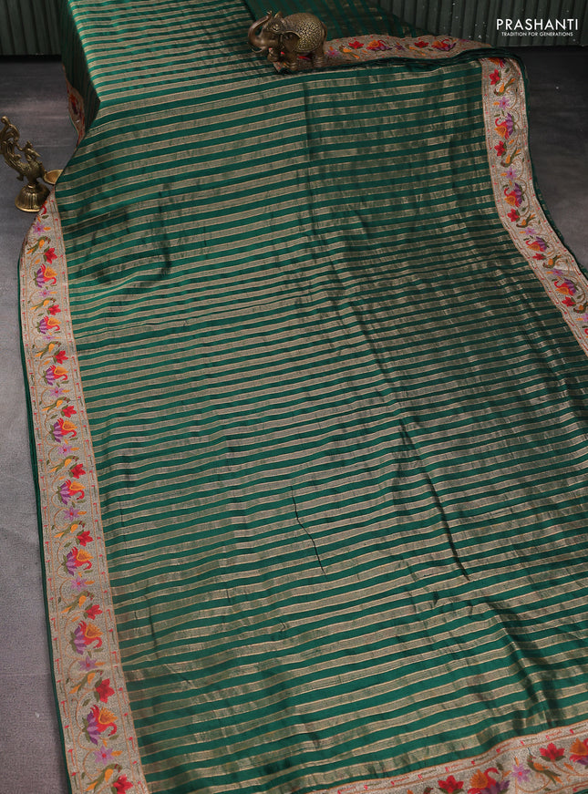 Pure raw silk saree green with allover zari woven stripe pattern and embroidery pallu & border