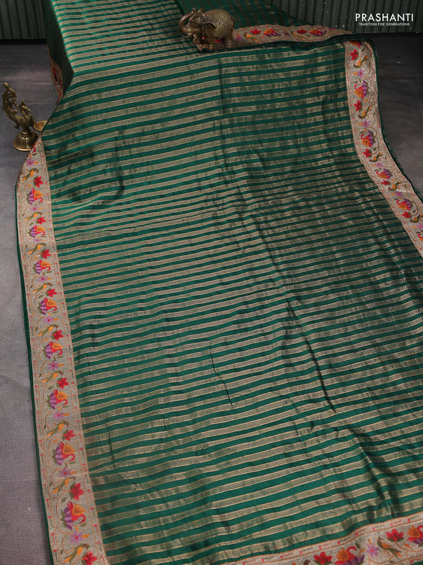 Pure raw silk saree green with allover zari woven stripe pattern and embroidery pallu & border