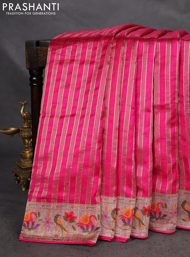 Pure raw silk saree pink with allover zari woven stripe pattern and embroidery pallu & border