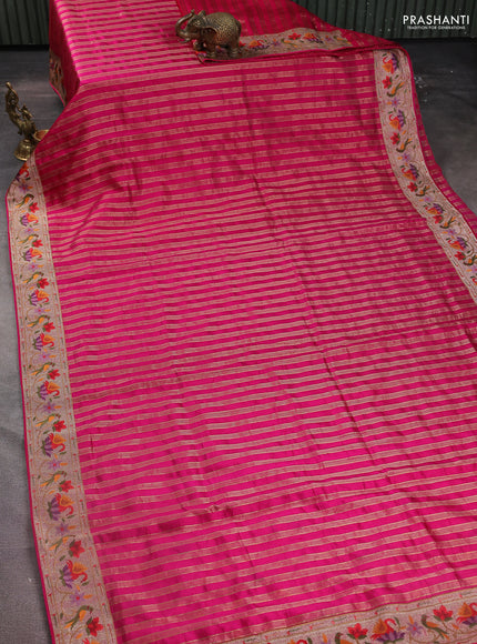 Pure raw silk saree pink with allover zari woven stripe pattern and embroidery pallu & border