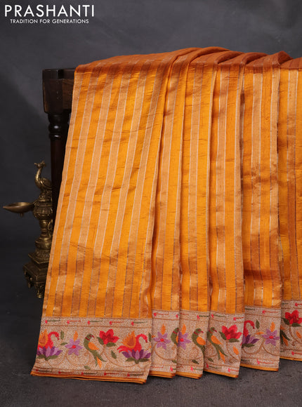 Pure raw silk saree mustard yellow with allover zari woven stripe pattern and embroidery pallu & border