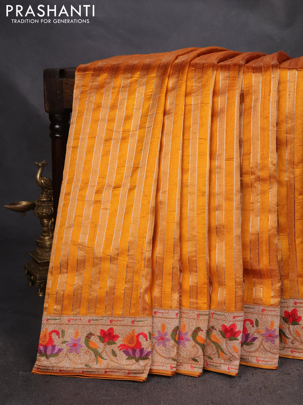 Pure raw silk saree mustard yellow with allover zari woven stripe pattern and embroidery pallu & border