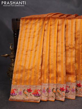 Pure raw silk saree mustard yellow with allover zari woven stripe pattern and embroidery pallu & border