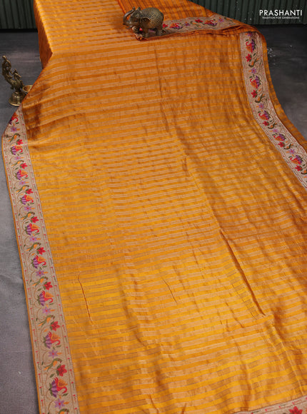 Pure raw silk saree mustard yellow with allover zari woven stripe pattern and embroidery pallu & border