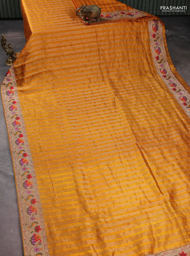 Pure raw silk saree mustard yellow with allover zari woven stripe pattern and embroidery pallu & border