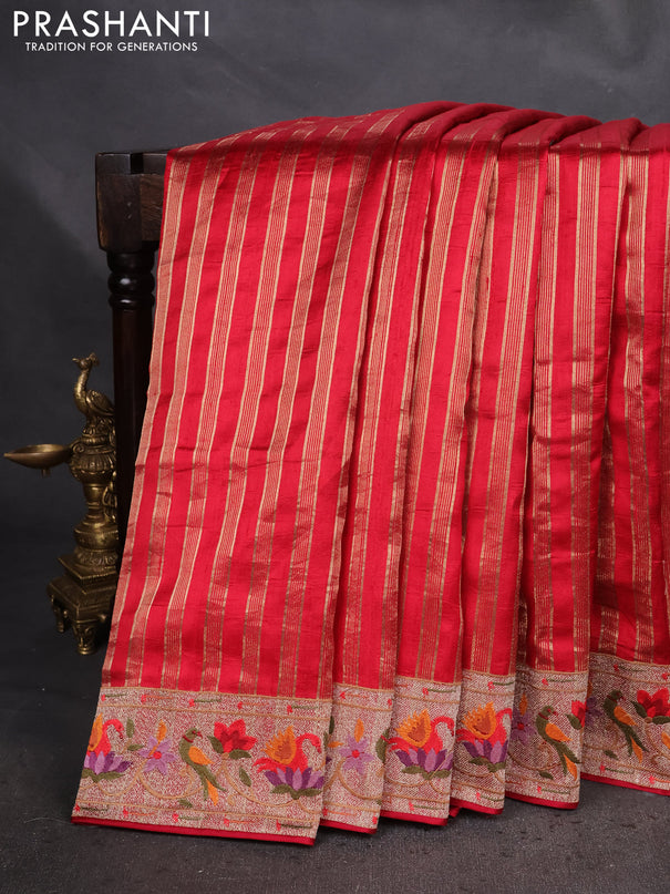 Pure raw silk saree red with allover zari woven stripe pattern and embroidery pallu & border